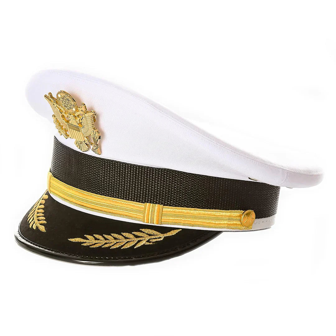 White Captain Hat for Men – Yacht, Boat & Sea Captain Cap with Eagle Crest | Ferrecci