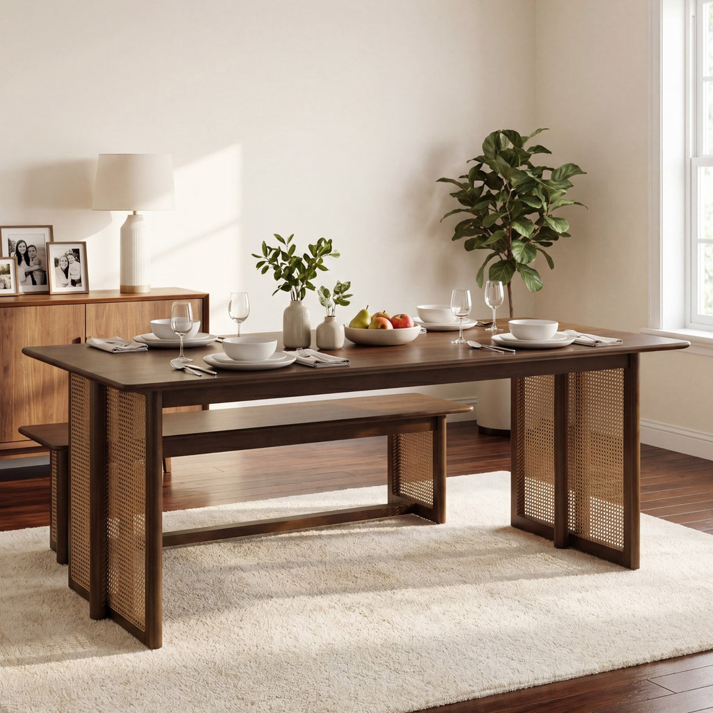Walnut Rubber Wood Dining Table with Rattan Accents - 70.87"L