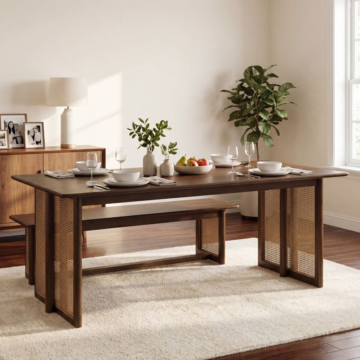 Walnut Rubber Wood Dining Table with Rattan Accents - 70.87"L