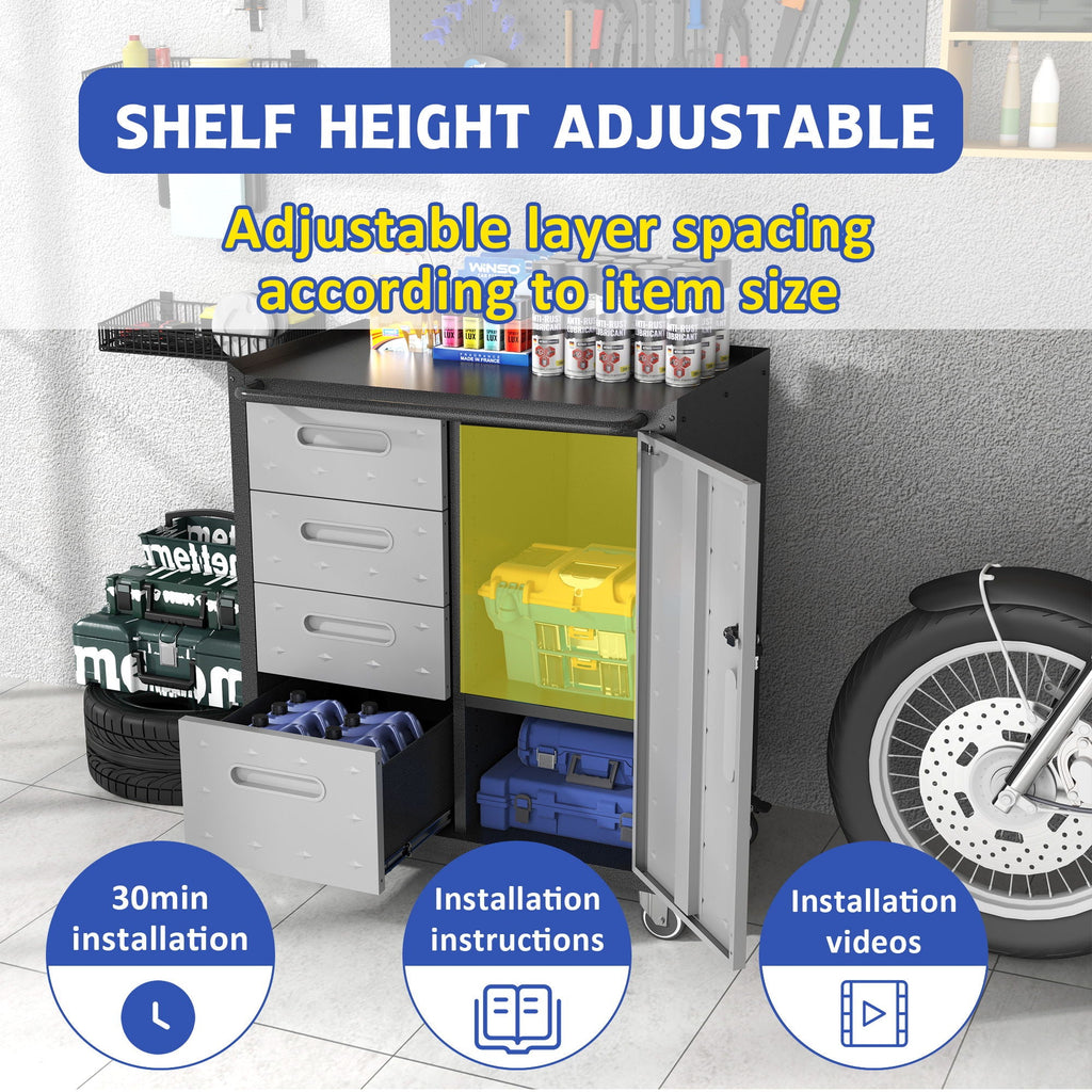Sturdy Metal Tool Storage Cabinet with Lockable Wheels and Drawers - Gray or Black