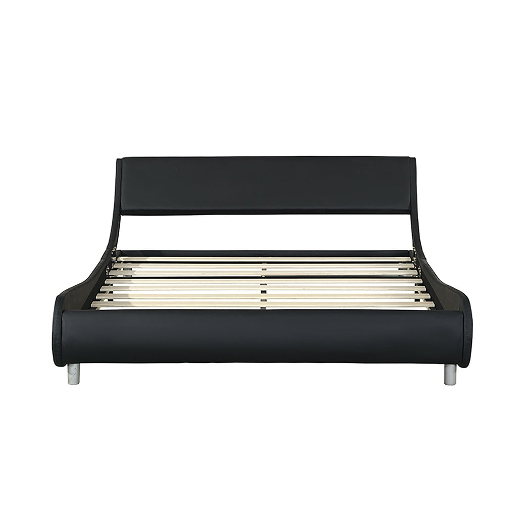 Queen Size Upholstered Platform Bed Frame With LED Lighting, Curve Design, Slat Support, No Box Spring Needed - Black