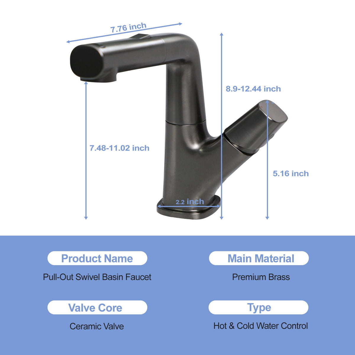 Pull Down Bathroom Sink Faucet with 3 Water Modes - Gunmetal Black