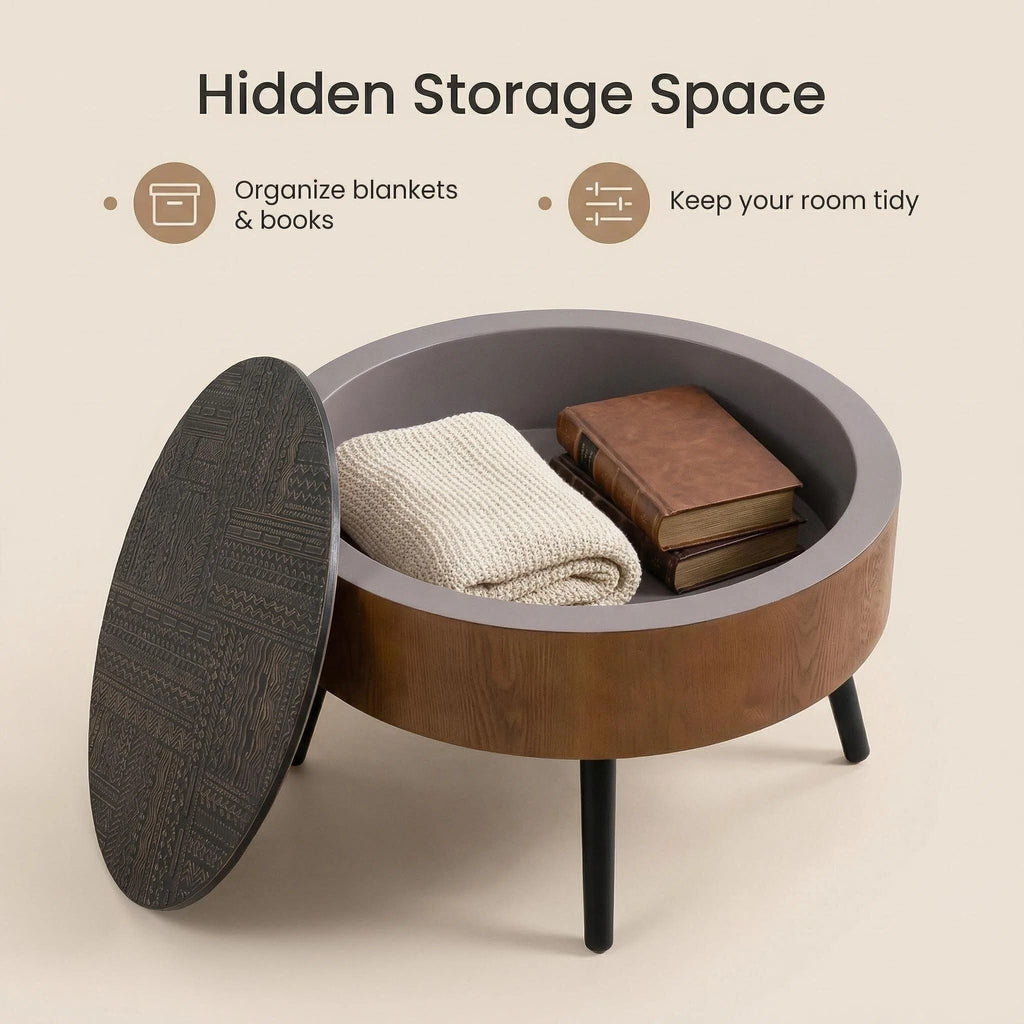 Round Coffee Table with Storage Function - Carved Wood Top - Dark Brown or Black