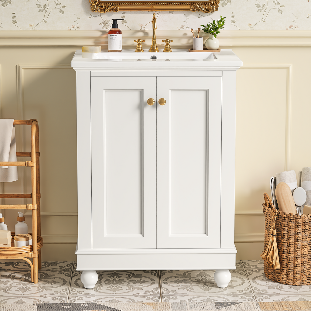 24 Inch Modern Bathroom Vanity Cabinet with Ceramic Sink - White, Blue, Green