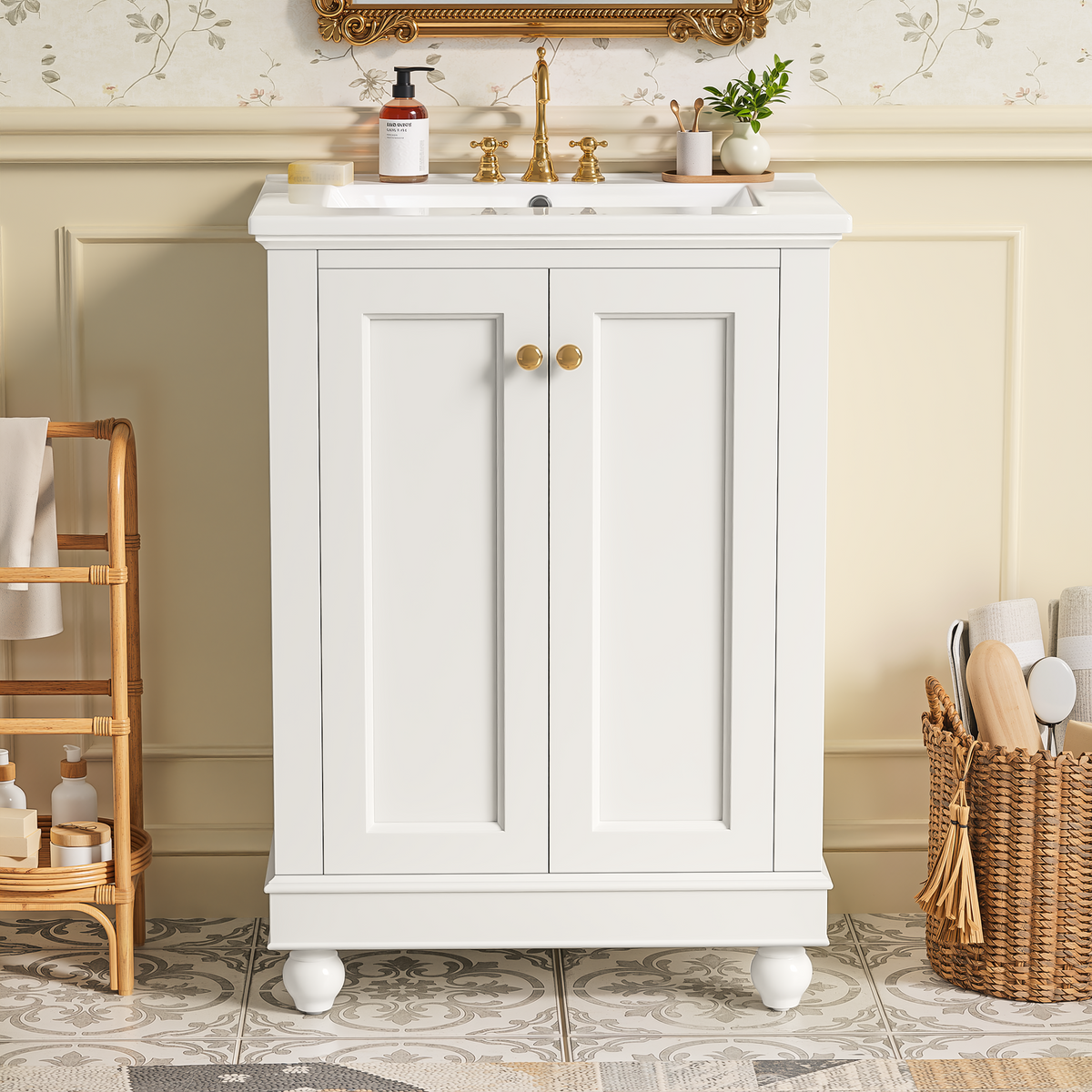 24 Inch Modern Bathroom Vanity Cabinet with Ceramic Sink - White, Blue, Green