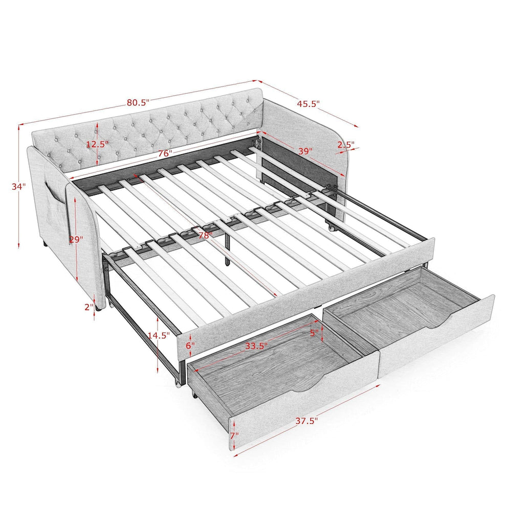 Daybed with Trundle and Storage Drawers - Twin, Fabric Upholstered - Multiple Colors