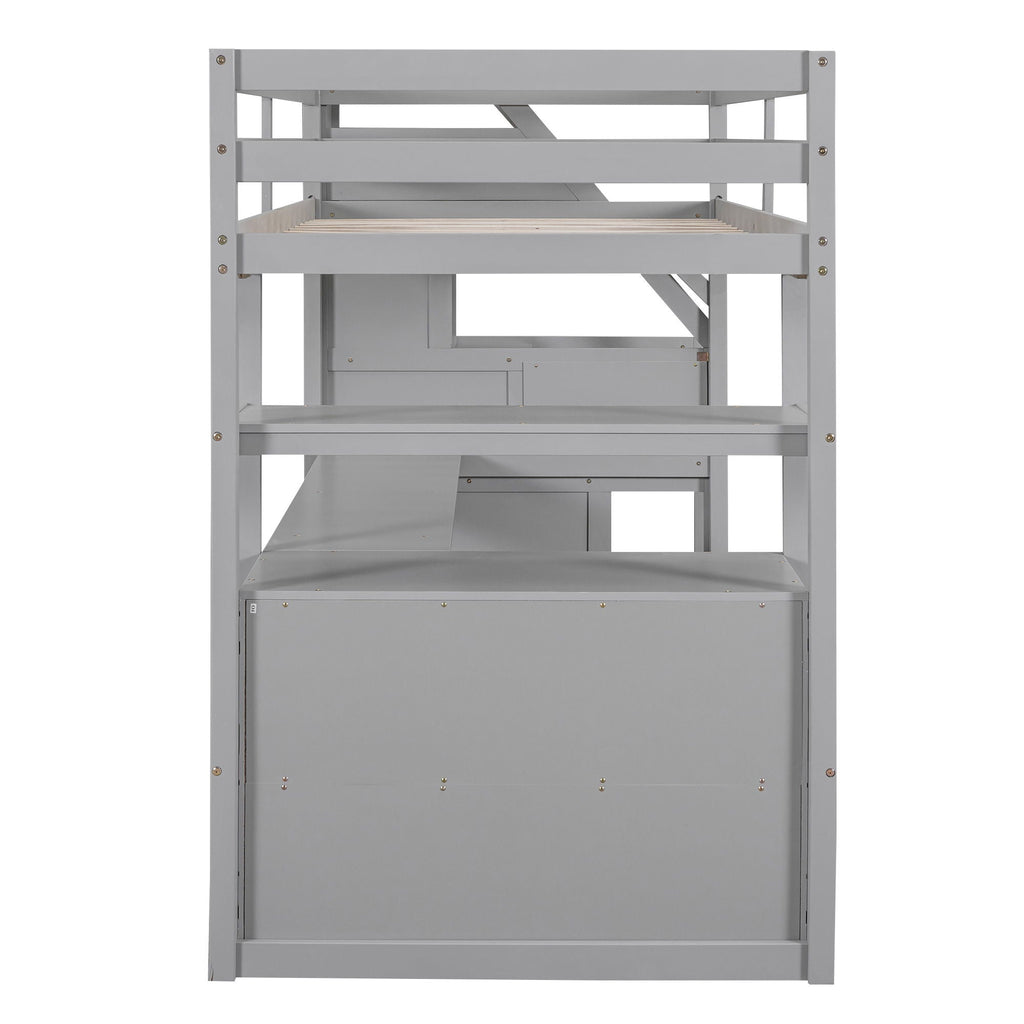 Loft Bed with Desk and Storage Staircase - Full or Twin, White or Gray