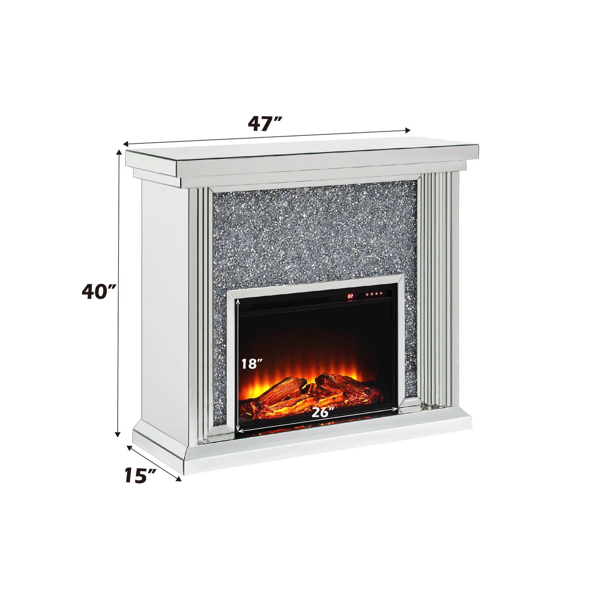 Mirrored Electric Fireplace with Faux Diamond Inlay - Silver