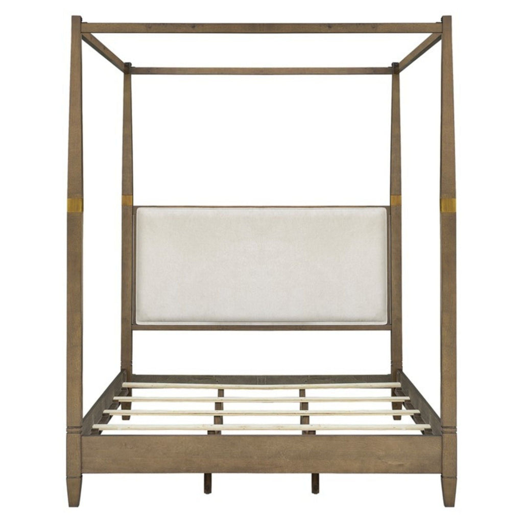 Queen Canopy Bed Frame with Upholstered Headboard - Brown