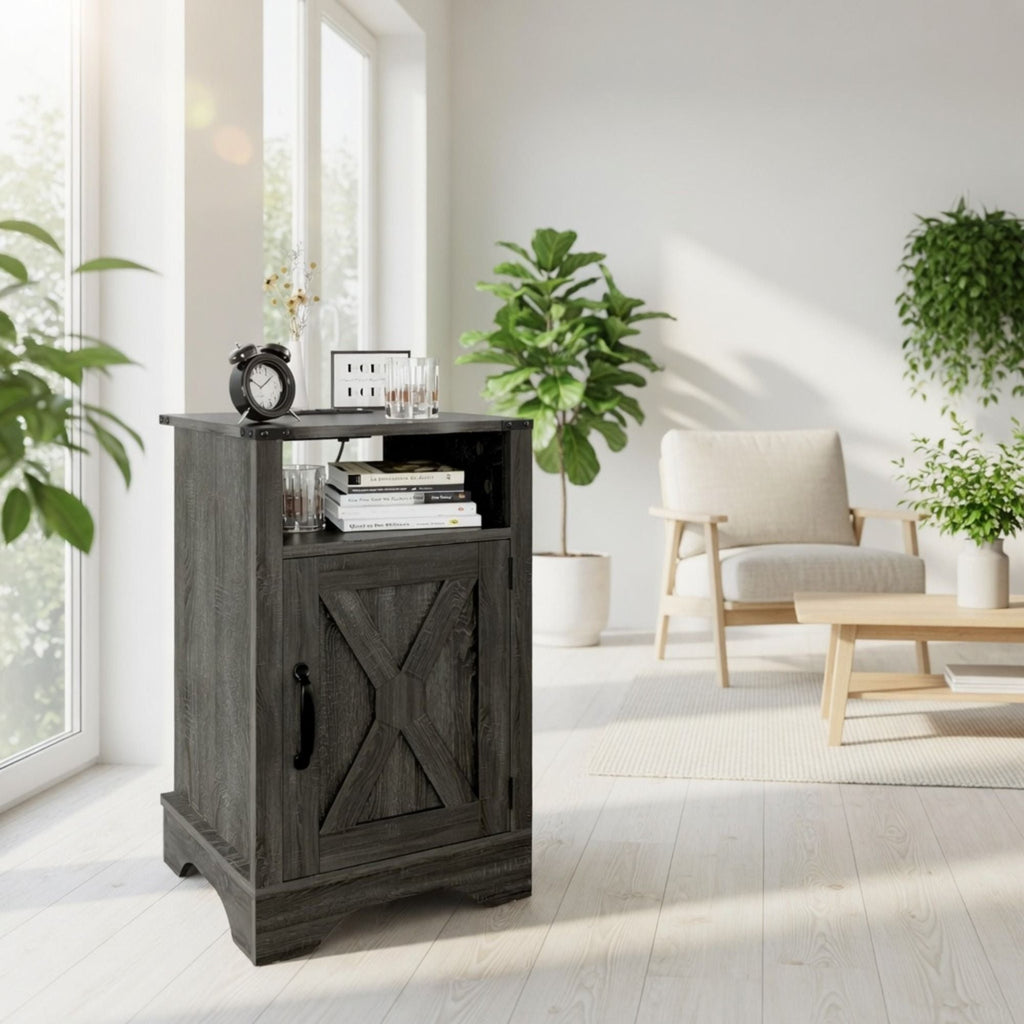 Farmhouse Nightstand with Charging Station & Storage - Multiple Colors
