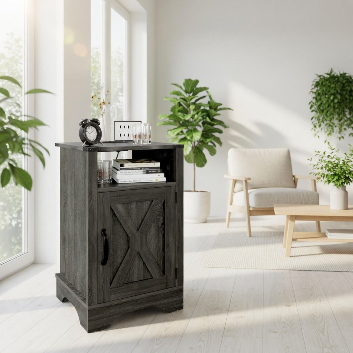 Farmhouse Nightstand with Charging Station & Storage - Multiple Colors