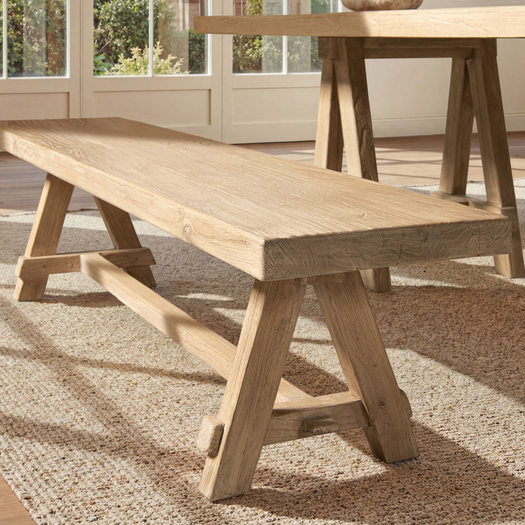 Natural Dining Bench with Pillar Base - Solid Reclaimed Elm