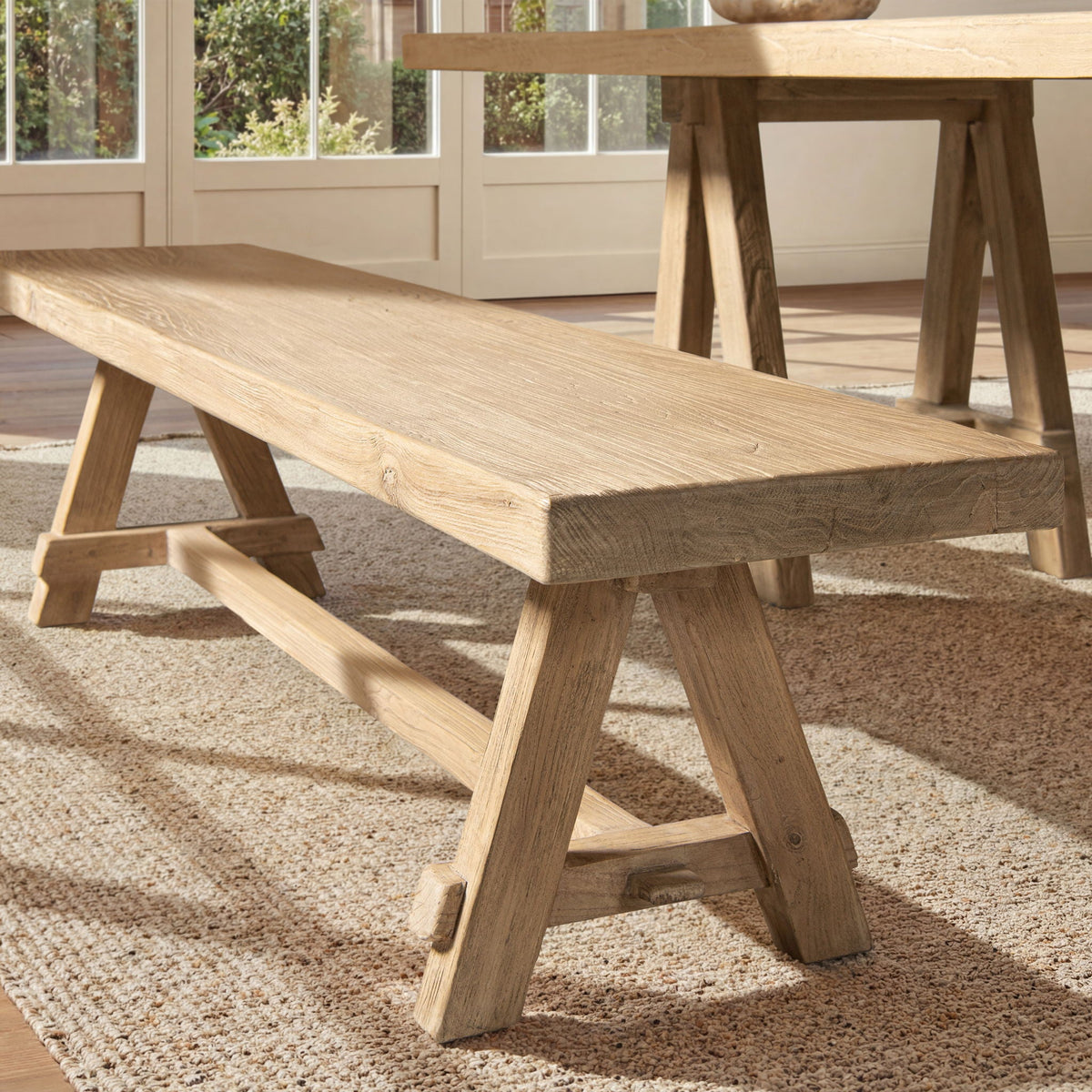 Natural Dining Bench with Pillar Base - Solid Reclaimed Elm