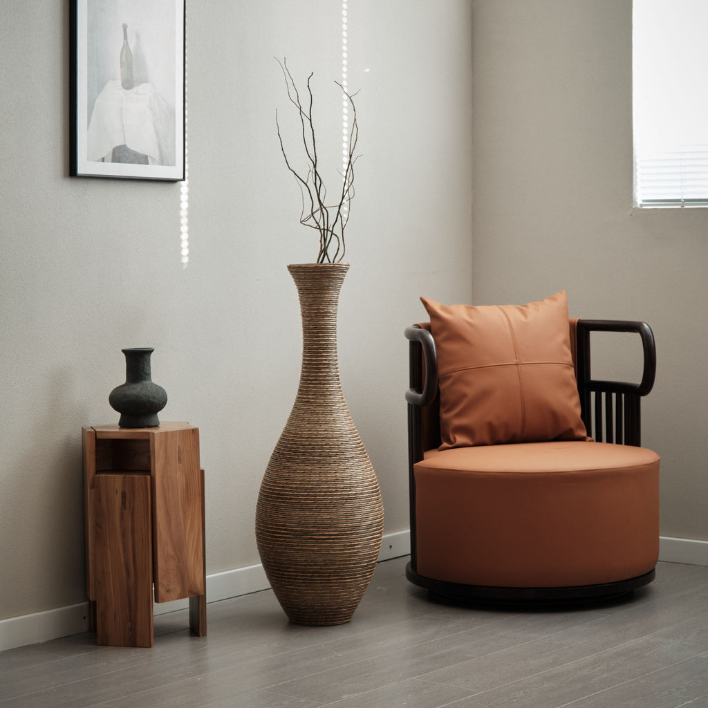 Tall Artificial Rattan Floor Vase with Artistic Design - Beige / Gray