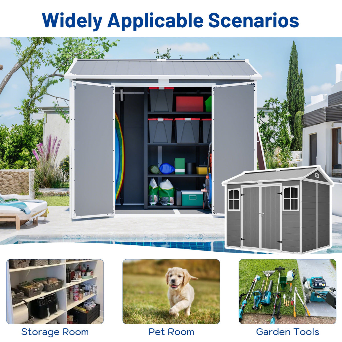 Plastic Utility Shed 8x6 ft with Floor – Lockable Storage Shed - Gray-White