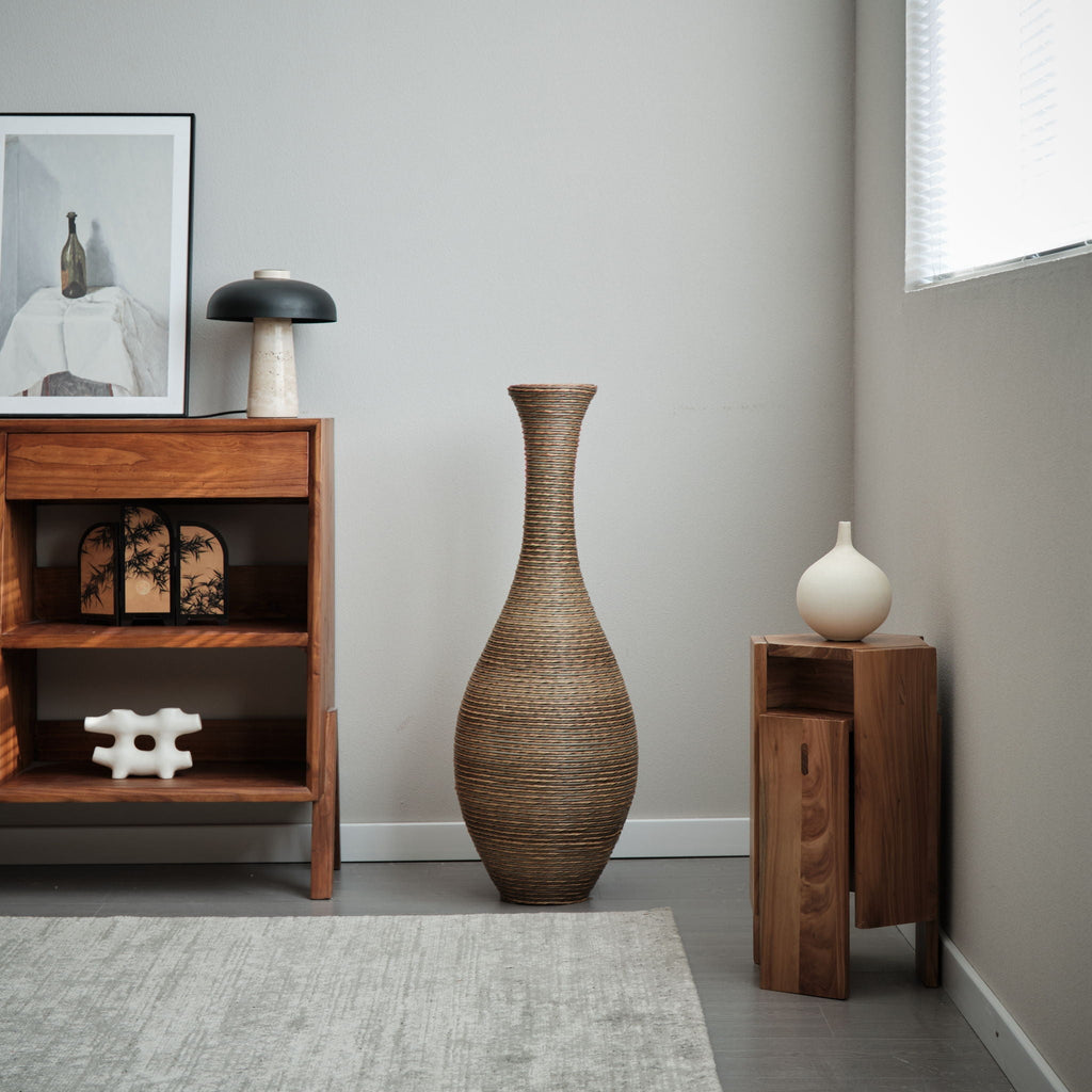 Tall Artificial Rattan Floor Vase with Artistic Design - Beige / Gray