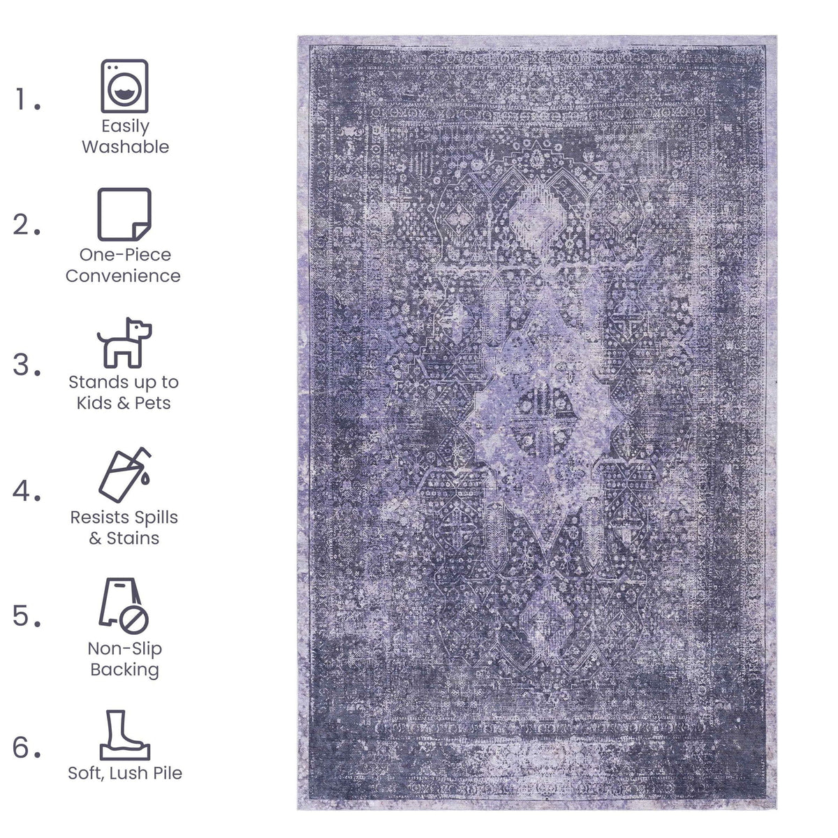 Maval Washable Area Rug with Low Pile - Dark Gray or Blue