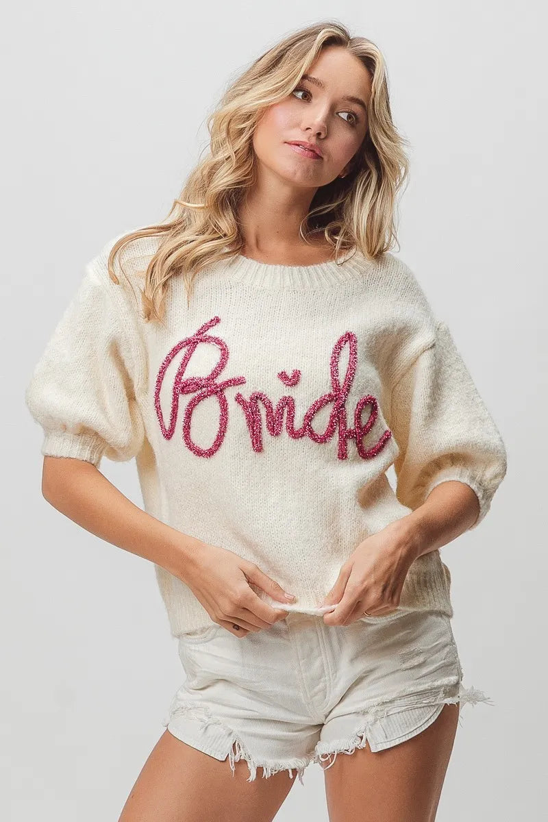 BiBi Metallic Letter Short Puff Sleeve Hairy Sweater