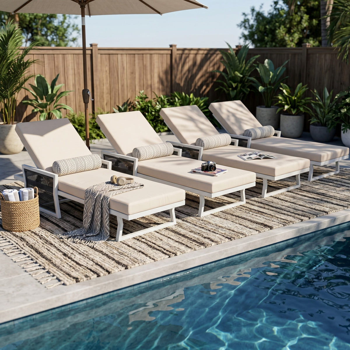 Modern White Iron Outdoor Chaise Lounger Set with Adjustable Backrest - White