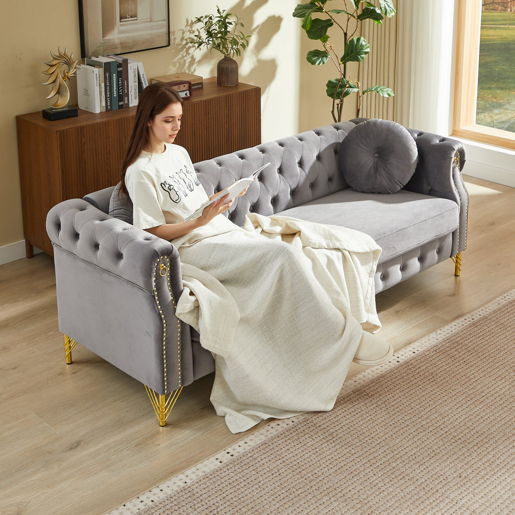 82-Inch Velvet Chesterfield Sofa with Gold Accents - Velvet