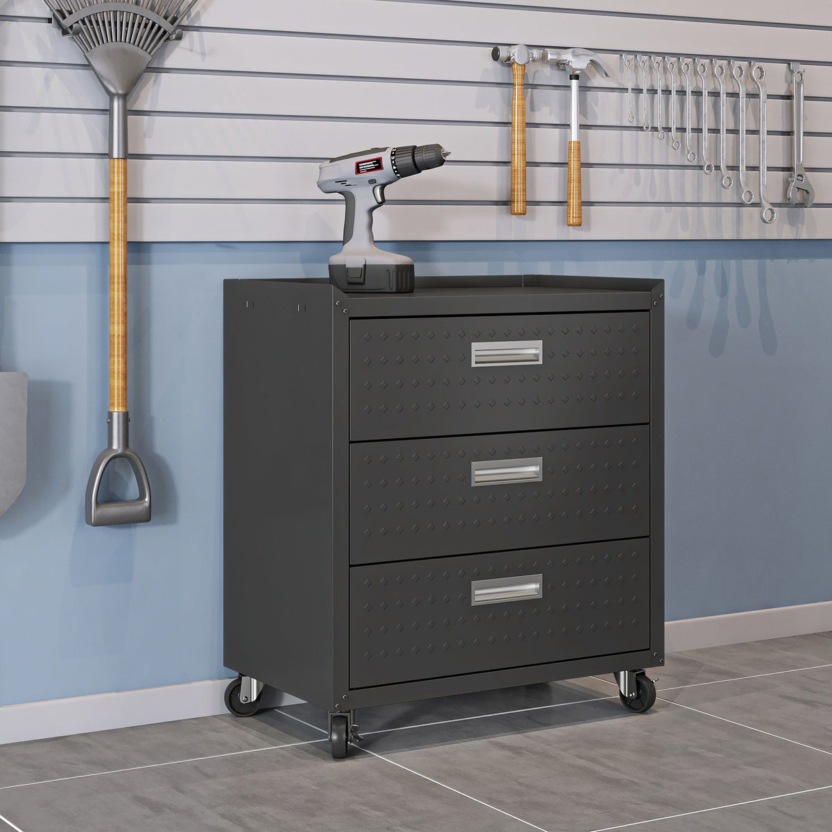 3 Drawer Rolling Garage Cabinet with Mobile Design - White, Dark Gray, Gray
