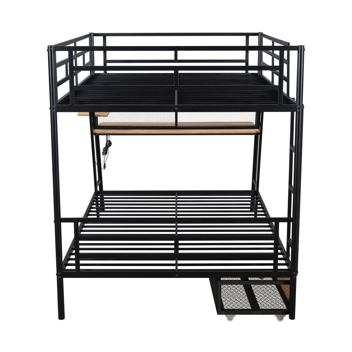 Full Size Bunk Bed With Built In Desk, Light, And 2 Drawers - Black