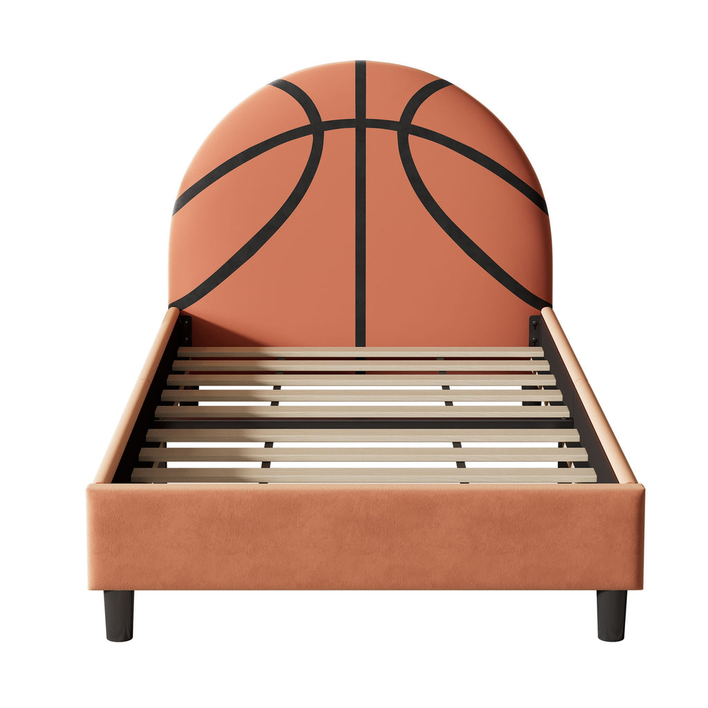 Basketball Design Upholstered Twin Platform Bed with Sport Style Headboard - Orange