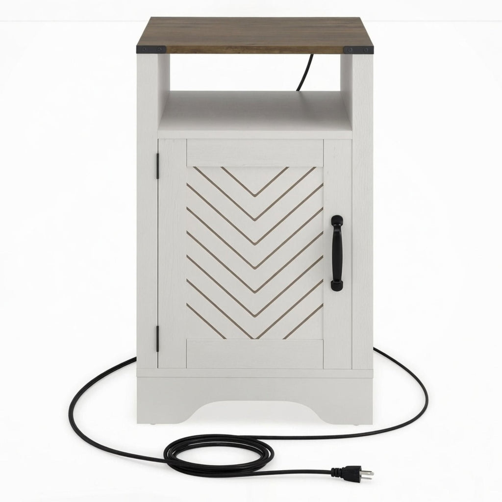 Farmhouse Nightstand with Charging Station & Storage - White