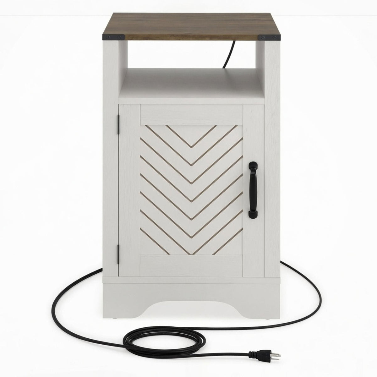 Farmhouse Nightstand with Charging Station & Storage - White
