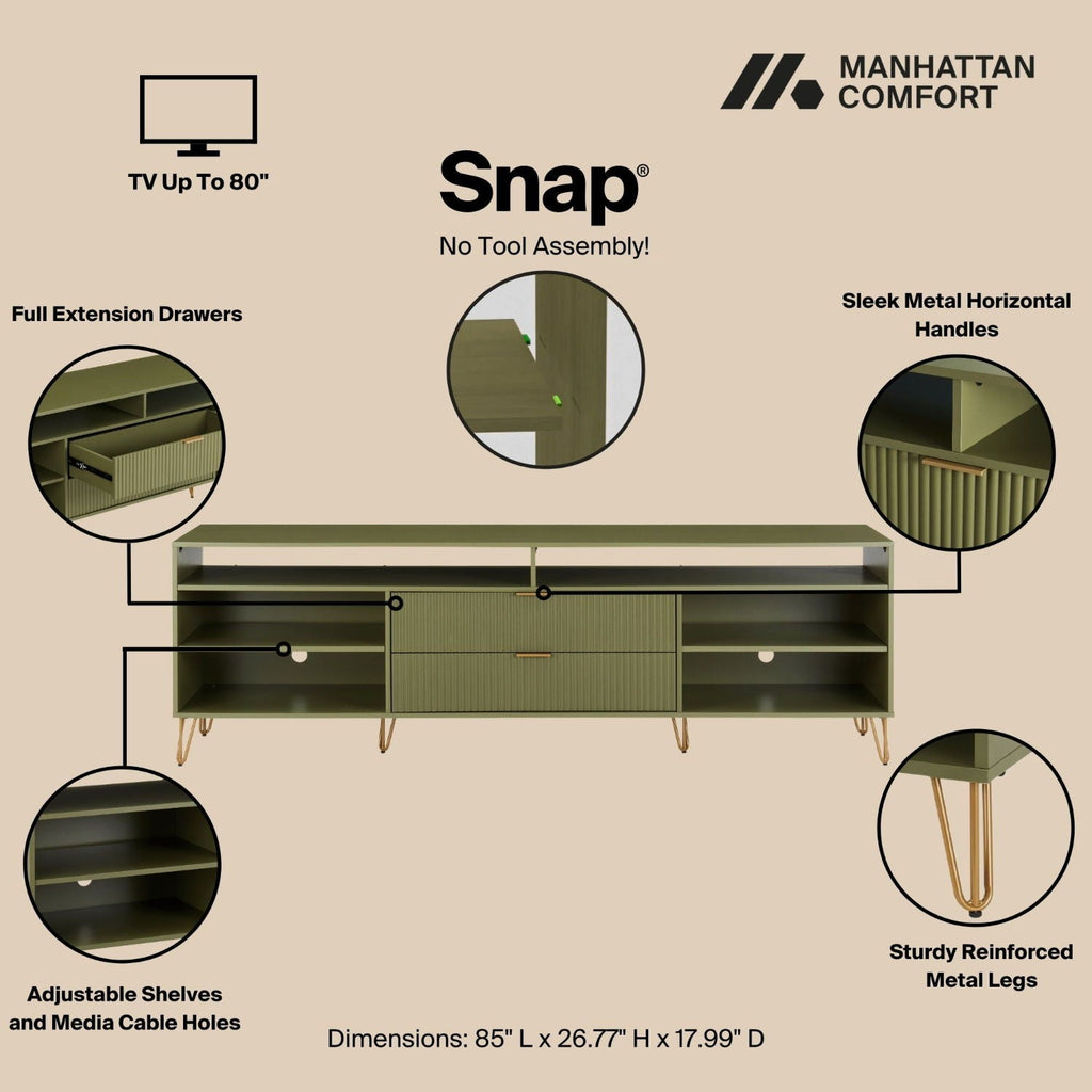 Fluted TV Stand with Storage and Metal Legs - Multiple Colors
