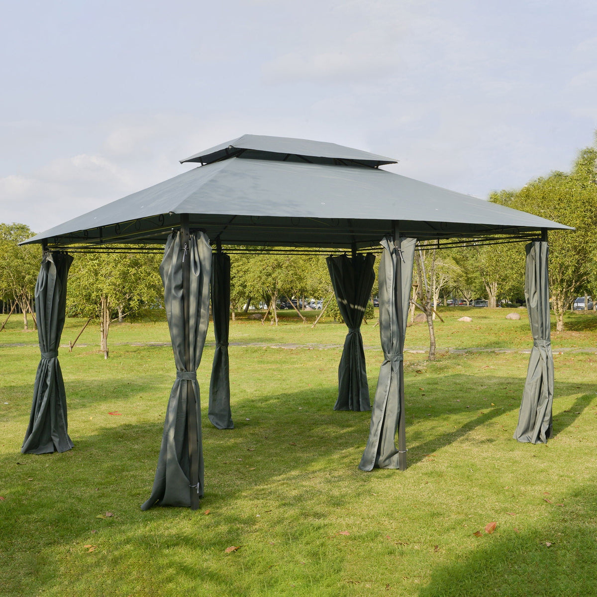 Patio Gazebo Canopy Shelter with Curtains and Vented Roof - Sage Gray