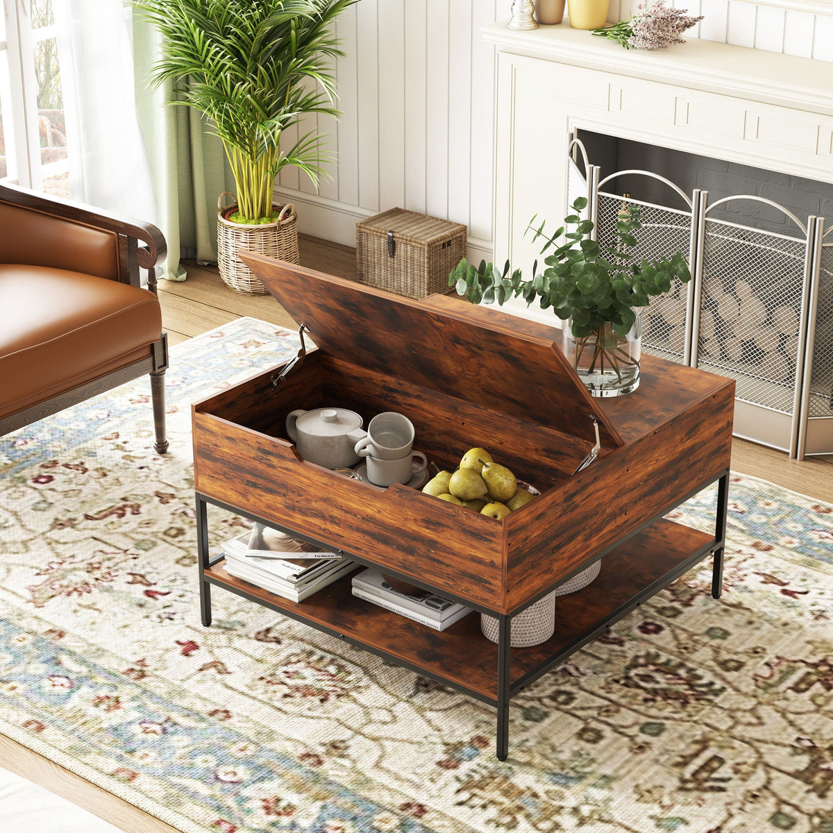Rustic Flip Top Coffee Table With Hidden Storage - Black / Brown