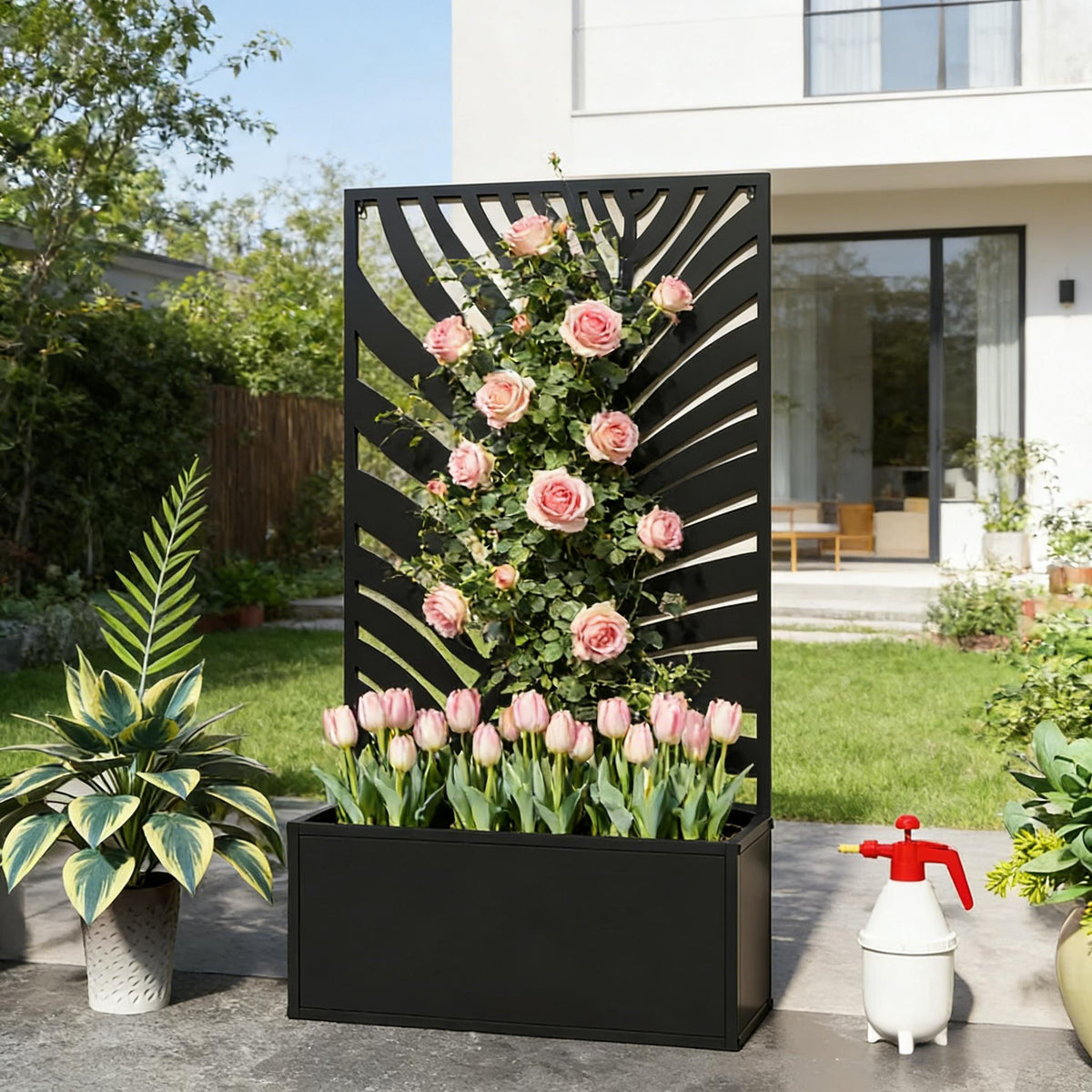 Raised Metal Planter Bed with Decorative Privacy Panel - Freestanding or Wall Mounted