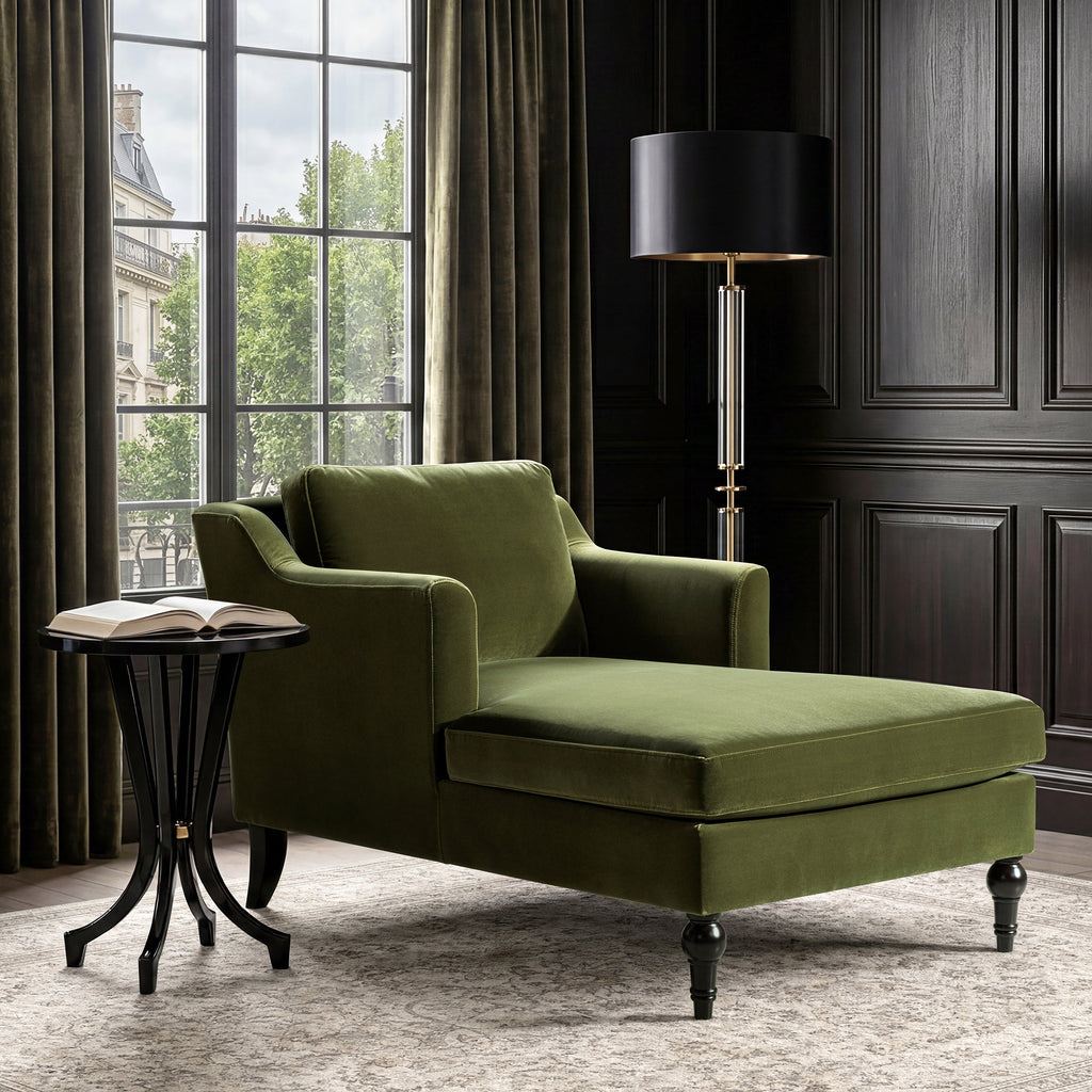 Josephine 60" Upholstered Chaise Lounge with Turned Wood Legs - Olive