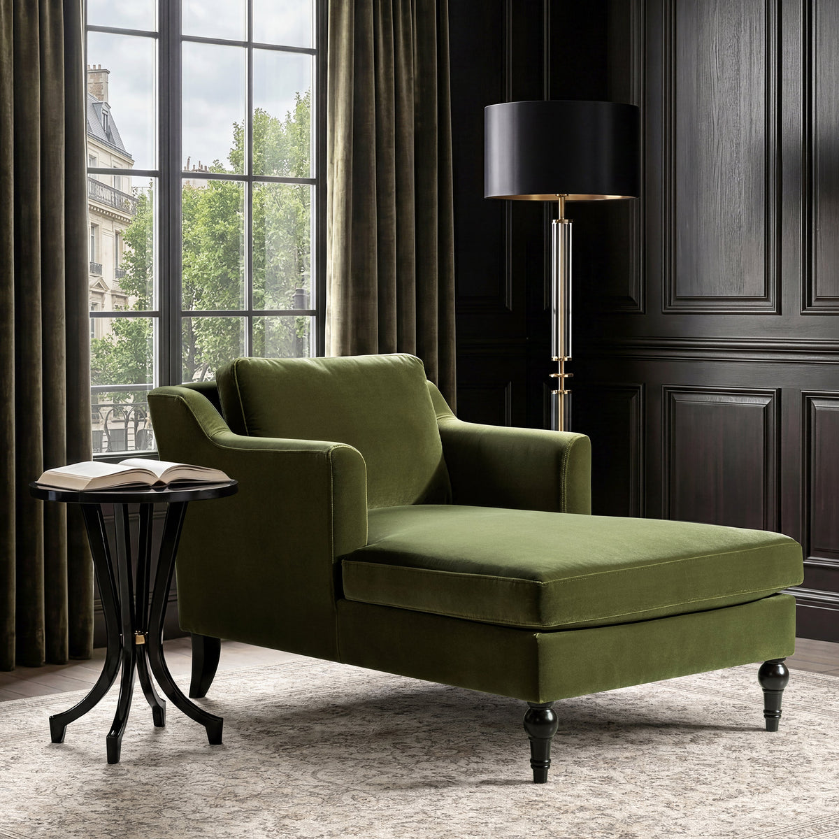 Josephine 60" Upholstered Chaise Lounge with Turned Wood Legs - Olive