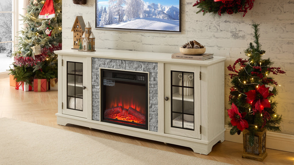 58" Modern TV Stand with Electric Fireplace and Storage - White