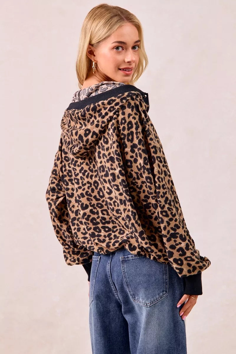 BiBi Leopard Print Waffle Half Zip Up Hoodie W Pocket