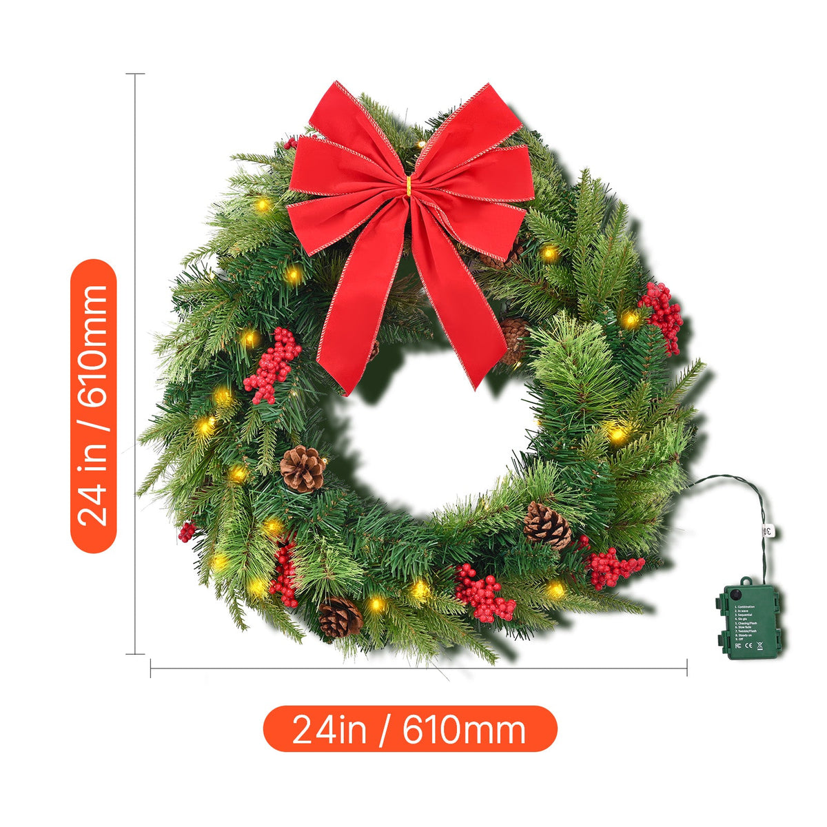 24-Inch Pre-Lit Artificial Christmas Wreath with Timer - Warm White LEDs