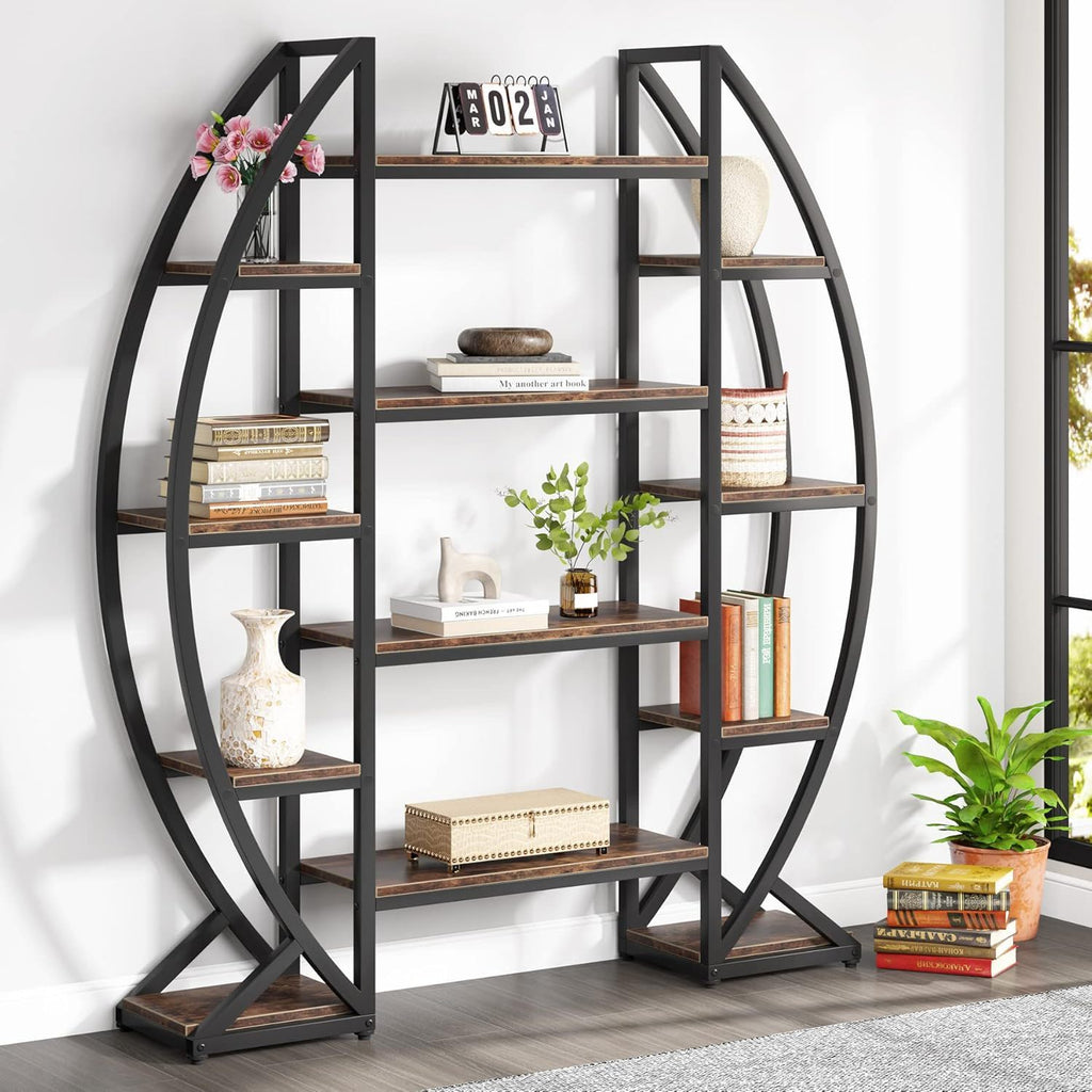 Triple Wide Oval Etagere Bookcase with Anti-Tip Device – Dark Brown