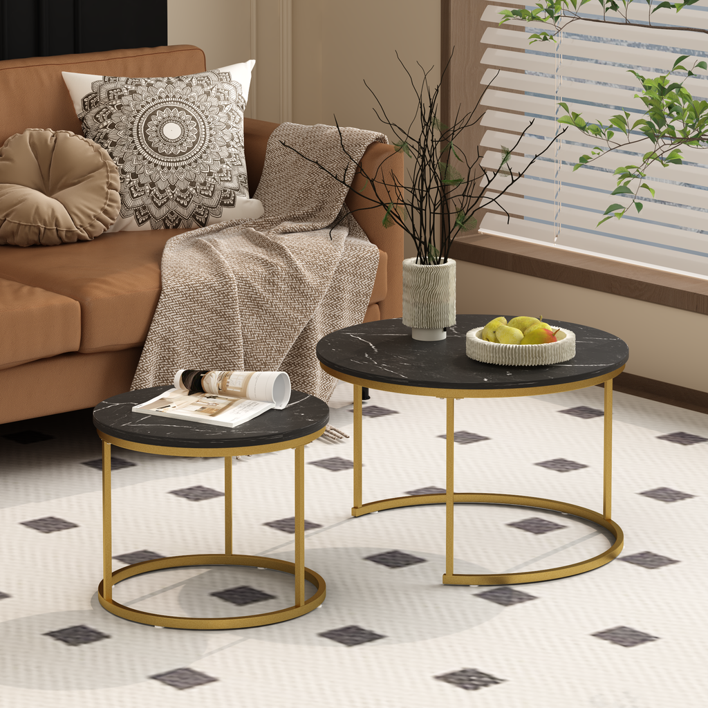 Nesting Coffee Table Set of 2 with Wood Marble Pattern Top - Black+Gold