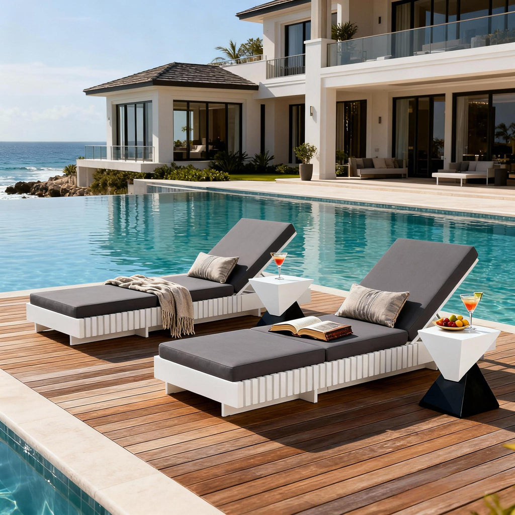White Acacia Solid Wood Outdoor Chaise Lounge with Cushions - White