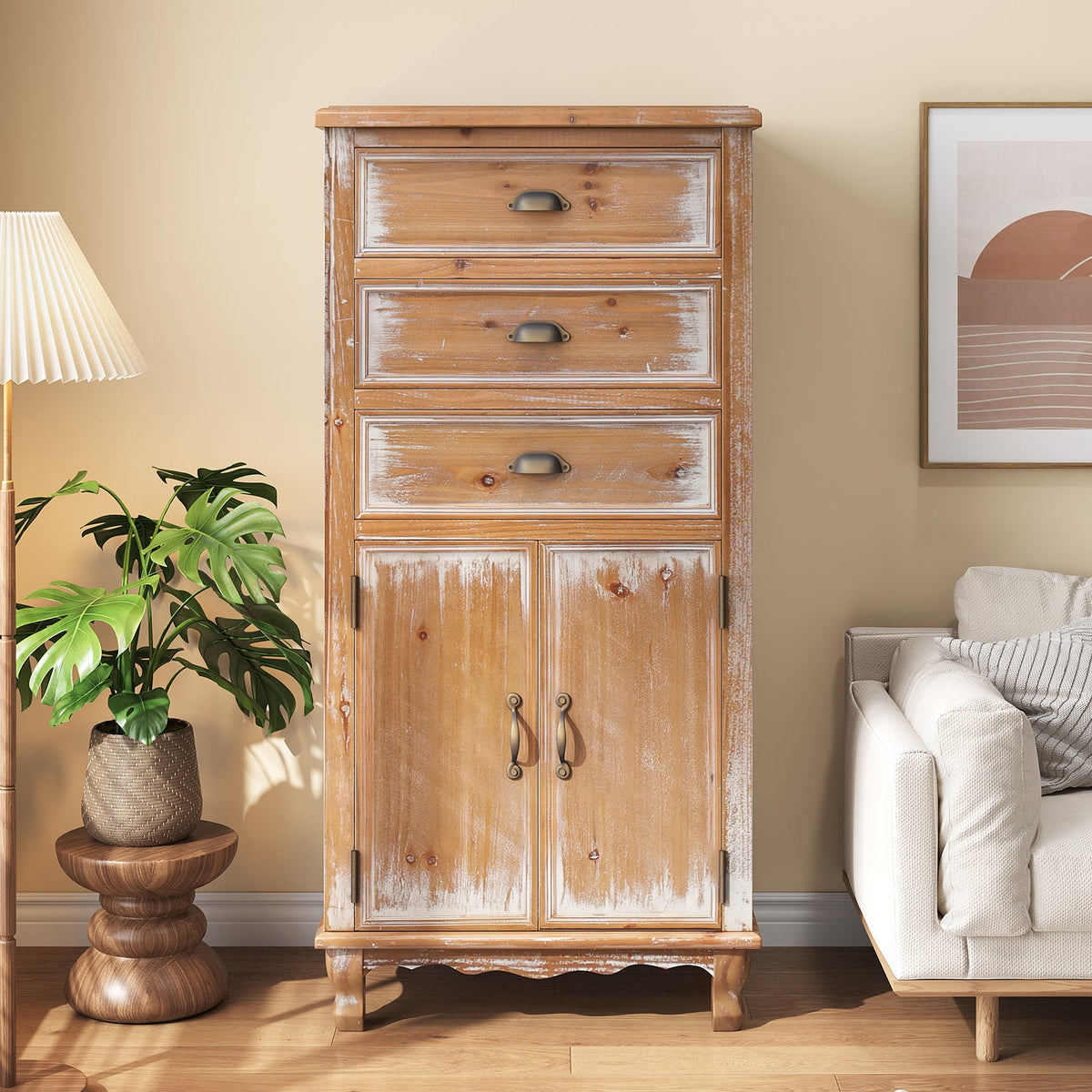 Rustic Wooden Storage Cabinet with Decorative Cutout Door & 3 Drawers - Distressed Wood