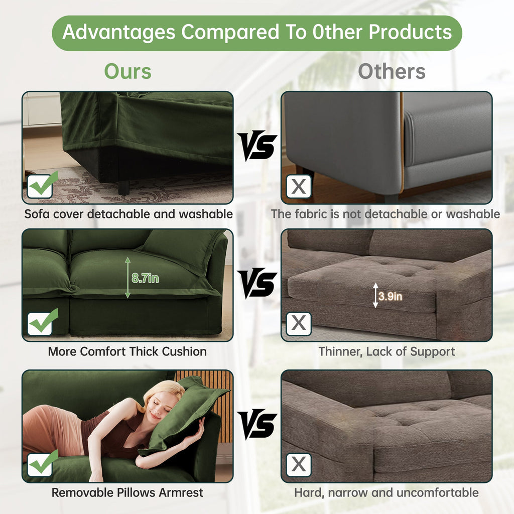 Slipcovered Sectional 2 Seater Sofa with Convertible Ottoman