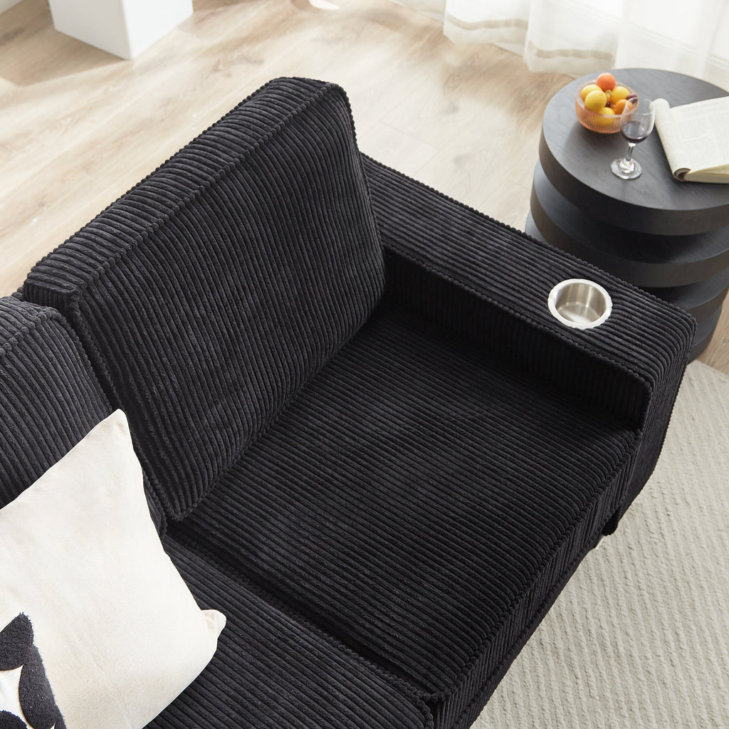 Modern Corduroy 3-Seater Sofa with Cup Holders - Black, Gray, Beige, Pink, or Green
