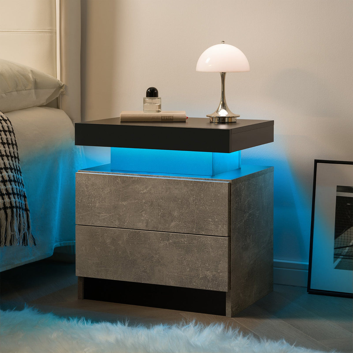 Modern LED Nightstand with Adjustable Lighting and 2 Drawers - Neutral Finish