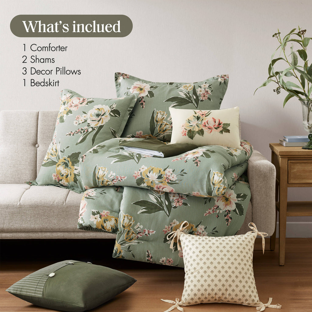 Cal King Floral Comforter Set with Cotton Blend - 7 Piece Set