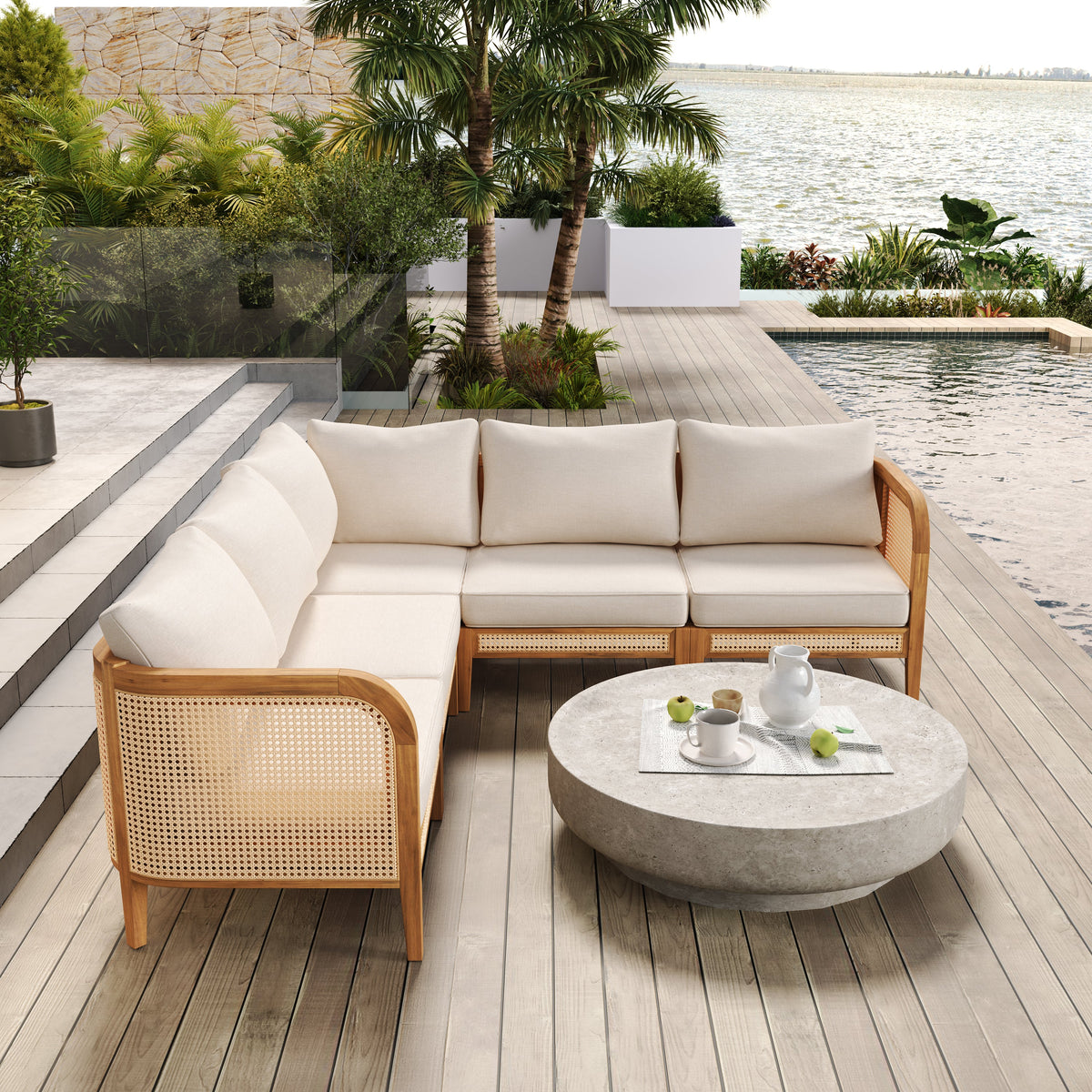 Kirkby Outdoor 5 Seater V-Shaped Acacia Wood Sofa with Cushions