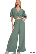 Zenana Woven Airflow Twisted Top & Wide Leg Pants Set