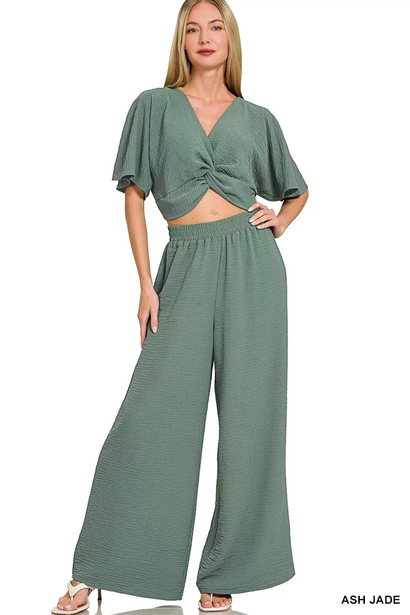 Zenana Woven Airflow Twisted Top & Wide Leg Pants Set