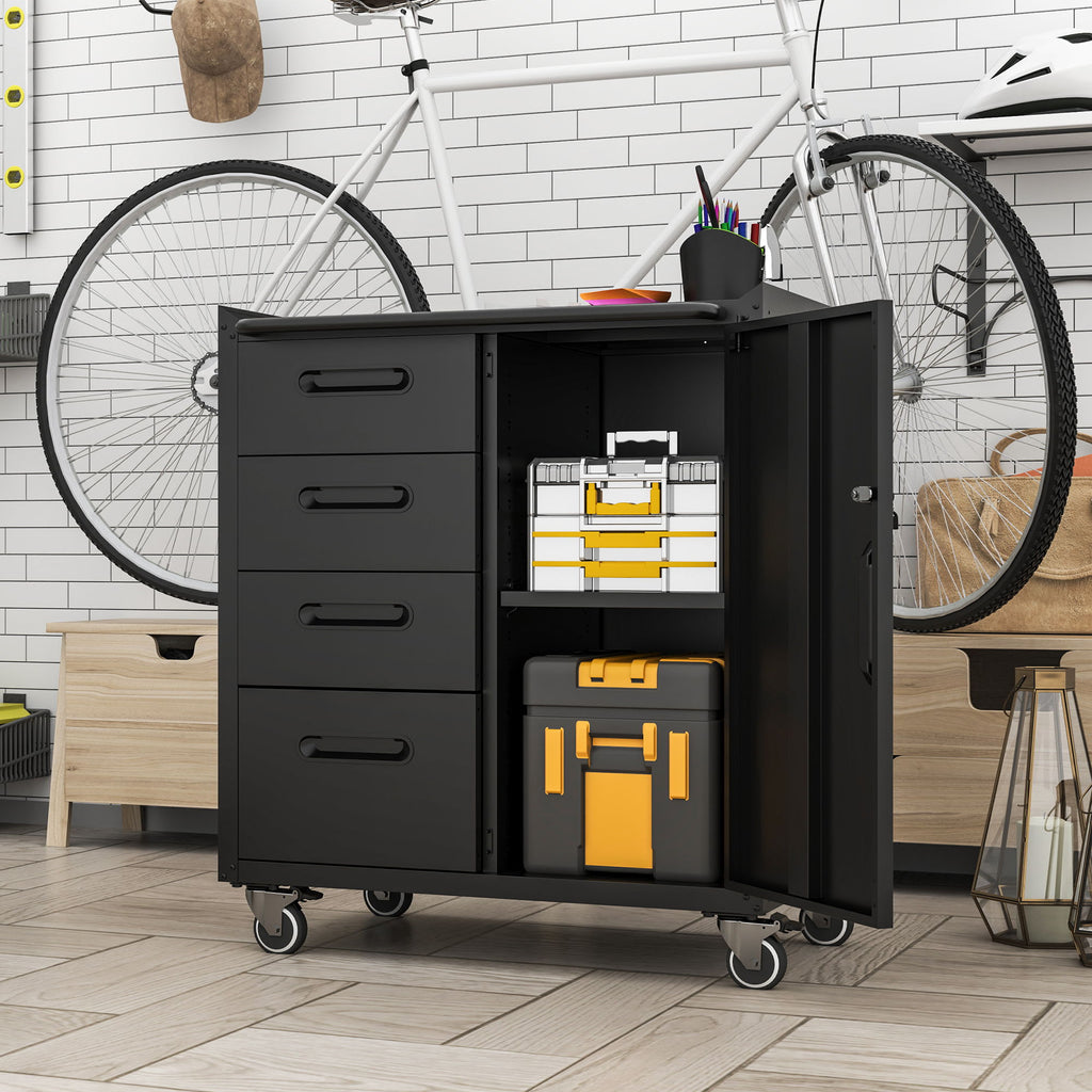 Sturdy Metal Tool Storage Cabinet with Lockable Wheels and Drawers - Gray or Black